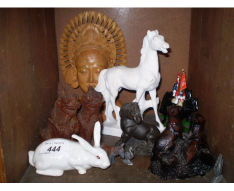 MIXED MEDIA ANIMAL FIGURES, WOOD, "BRONZED", CERAMIC ETC...HORSES, OTTERS, RABBITS ETC..  