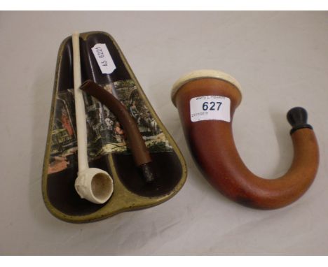 1 SMALL CLAY AND 1 LARGE WOODEN PIPE PLUS DECORATIVE CERAMIC PIPE HOLDER