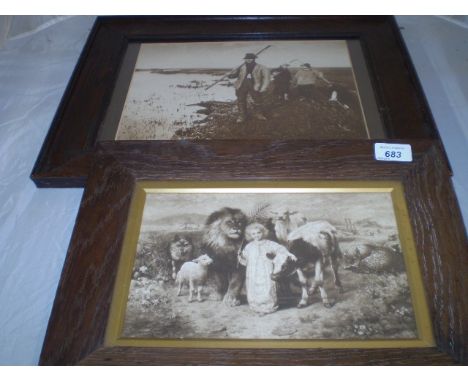 FRAMED LITHOGRAPH OF YOUNG JESUS WITH ANIMALS ENTITLED 'PEACE' AFTER WILLIAM STRUTT PLUS ONE OTHER PRINT