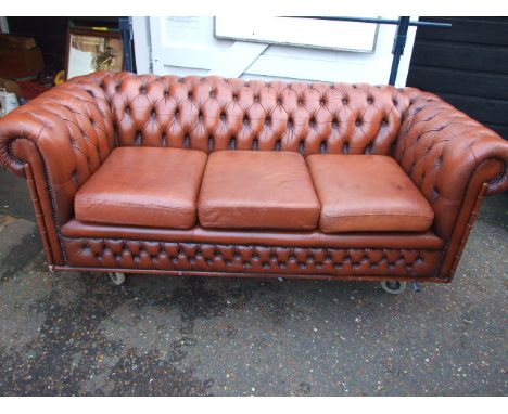 BROWN LEATHER CHESTERFIELD SOFA , ARMCHAIR &amp; FOOTSTOOL