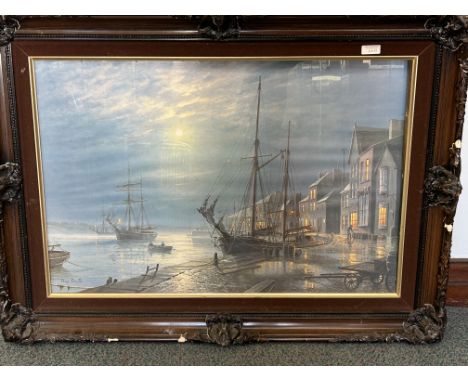 Harbour scene print in ornate wooden frame 
