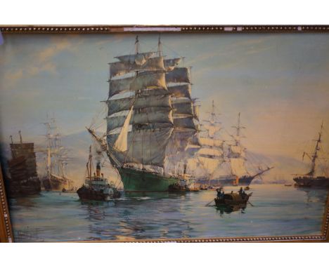 Oleograph print of a sailing ship in gilt frame 