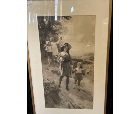 Large black &amp; white framed victorian print 