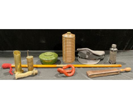 Boxes and Objects - a French green bakelite chocolate box, Bonbons Martougin; a vintage chauffeur's cap; a 19th century brass