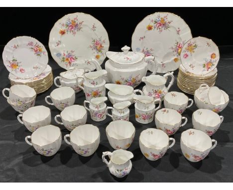 A Royal Crown Derby Posies pattern tea service for twelve, comprising teapot, cream jugs, sugar bowls, side plates, cups and 