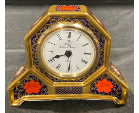 A Royal Crown Derby Imari 1128 pattern mantel clock, 10cm high, first quality, printed mark 