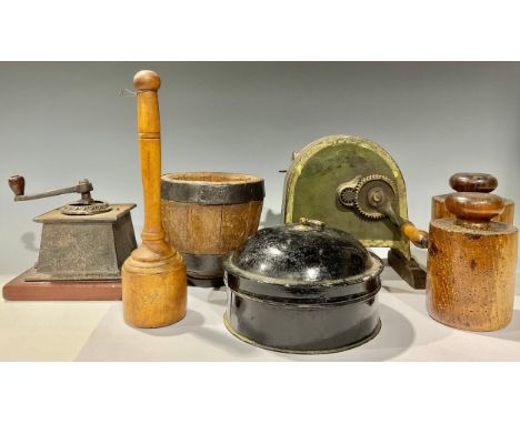 Kitchenalia - a 19th century coopered cheese mould; a Victorian beechwood pork pie mould, 16cm high; another smaller; a Georg