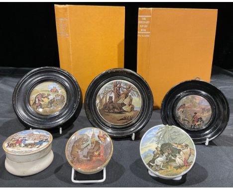 A collection of Staffordshire Prattware bear's grease pot lids, including Alas Poor Bruin, Bears on Rocks, Crimean War, Shoot