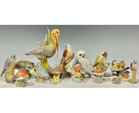 A J Mack bird model, Snowy Owl, signed, 13cm, printed mark; other J Mack bird models, Black Tailed Godwit, 25cm; Kestrel, 17.
