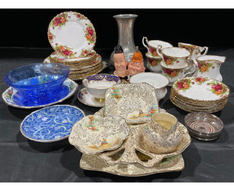 A Royal Albert Old Country Roses pattern tea service for six, comprising cake plate, dessert plates, side plates, cream jug, 