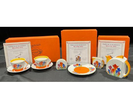 A Bradford Exchange Clarice Cliff Bizarre Crocus pattern tea for two, comprising tea pot, pair of cups and saucers, milk jug,