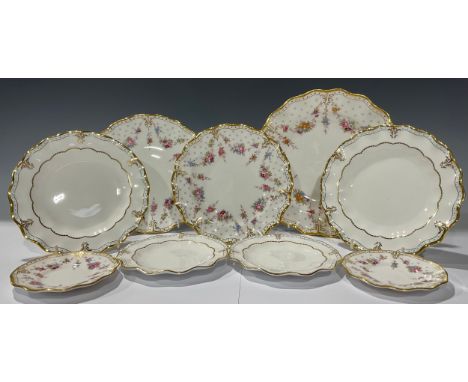 A Royal Crown Derby Royal Antoinette shaped circular plate, 26cm diameter; others, cake plate, dessert plate, saucers; a pair