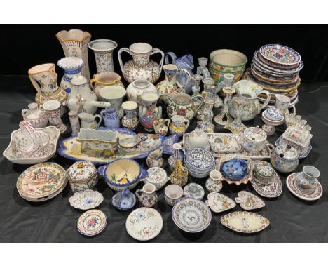 A collection of Portuguese hand-painted pottery, including vases, dishes, candlesticks, etc; other Continental pottery includ