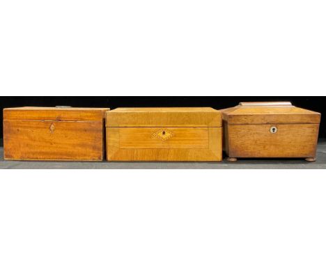 A Victorian walnut and parquetry work box, c.1870; a George III mahogany rectangular tea caddy; a Victorian rosewood sarcopha