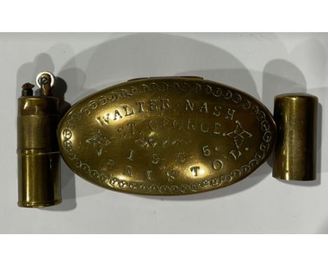 Boxes &amp; Objects - Trench Art - a miniature brass lighter, ammunition shell case; an oval brass snuff box, inscribed Walte