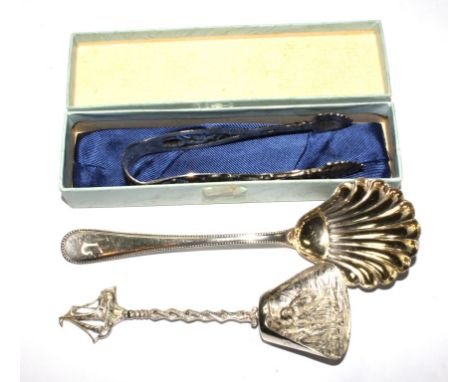 Three Dutch 800 silver items comprising a boxed pair of sugar nips, a caddy spoon and a sugar spoon
