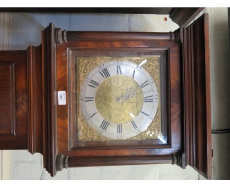 A George III mahogany longcase clock, the moulded cornice and pilasters enclosing a brass dial engraved with pagoda and acant