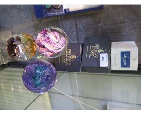 A Selkirk glass paperweight 'Tiger Lily' designed by Willian Cowery, a Caithness paperweight 'Cosmic Fountain', in a Selkirk 