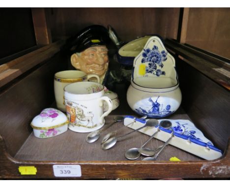 Two Royal Doulton character jugs: Captain Ahab and Lobster Man, two commemorative mugs and Delftware