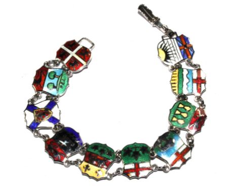 A Canadian B M Co Sterling silver and enamel bracelet, circa 1970, depicting the coat of arms for the ten provinces