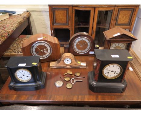 Two late Victorian slate mantel clocks with French movements, and four other mantel clocks (6)
