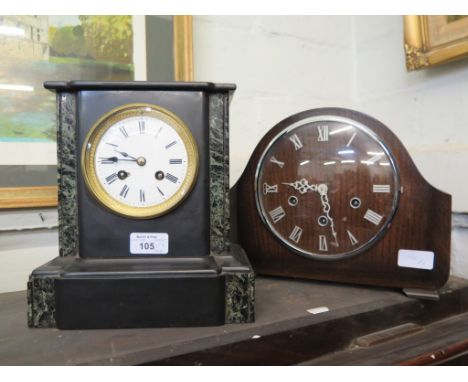 An Edwardain inlaid mahogany mantel clock with brass pillars and pad feet, enamel dial, French movement, a Victorian slate ma