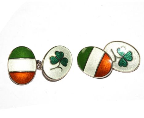 A Links silver and enamel pair of cufflinks with clover and Irish colours in original box