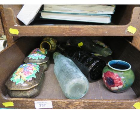 A Moorcroft Pottery floral vase, 7cm high, blue impressed mark, two Tuscan china lidded boxes and tray, a cloisonne vase, a j