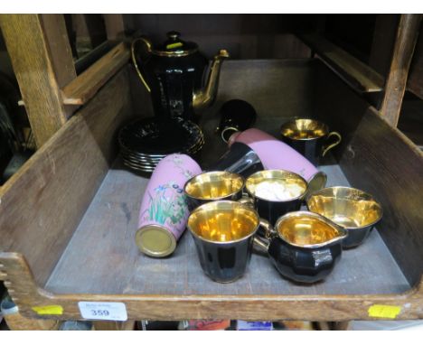 A pair of pink Shippo enamel vases, as found, 15cm high, and a black and gilt Wade coffee service