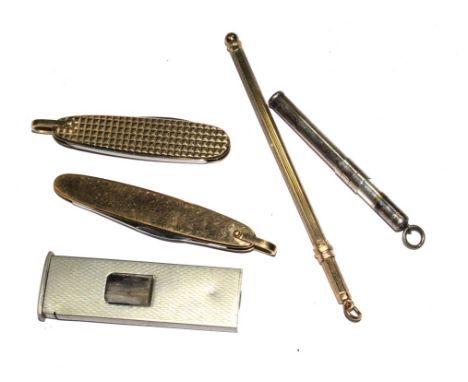 Two small pen knives, a cigar cutter, a silver toothpick, etc