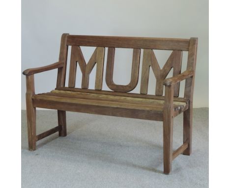 A hardwood slatted garden bench, stamped Alexander Rose, 124cm