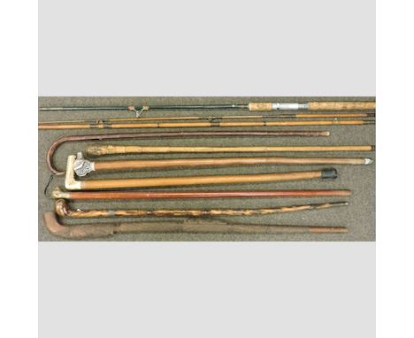 A collection of 19th century and later walking sticks, to include a fishing rod and a tribal carved hardwood stick