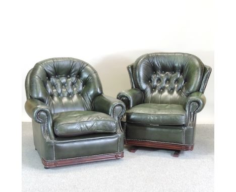 A modern green leather button back arm chair together with a matching rocking chair