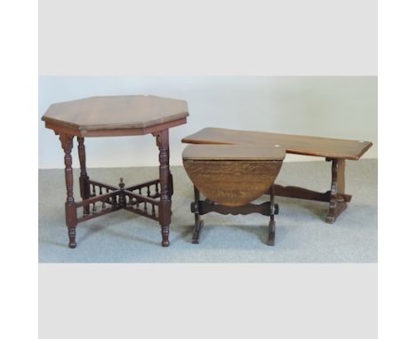 An Edwardian octagonal occasional table, together with an oak drop leaf occasional table and an oak bench, 106cm