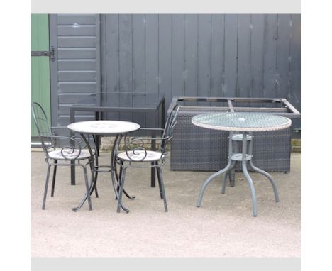 A metal and glass top garden table, together with a tile top table, two matching chairs, a circular table and a woven garden 
