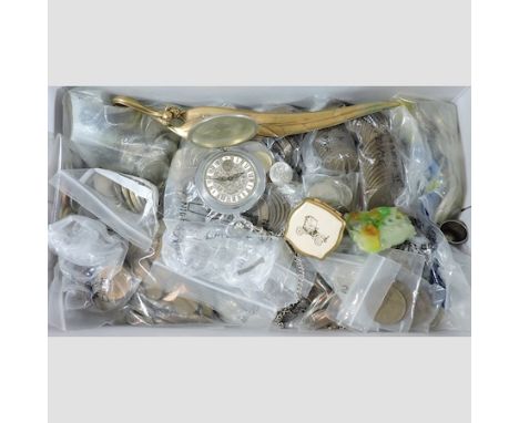 A collection of mainly pre-decimal coins, together with a Jade coloured pendant and a pocket watch 