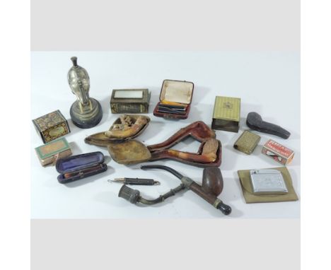 An early 20th century Ronson elephant table lighter, together with various smoking related items, to include Meerschaum pipes