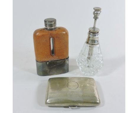 A silver cigarette case, together with a hip flask and an atomiser, 12cm tall