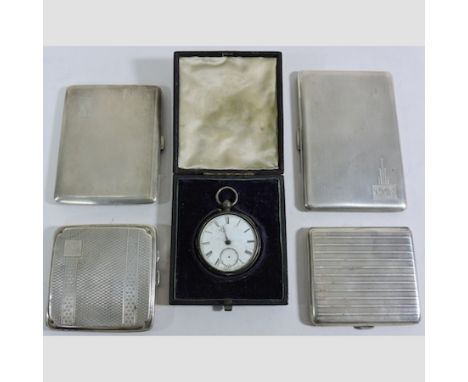 An early 20th century silver cigarette case, with engine turned decoration, 13cm, together with four others and a cased pocke