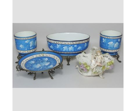 A 19th century French faience Leboeuf, Millet and co, blue glass brass mounted comport, together with a pair of matching vase