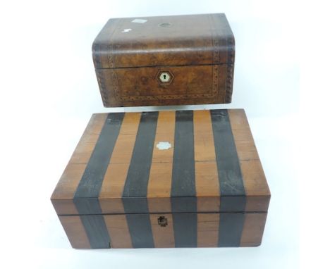 A Regency rosewood tea caddy, together with another, a Victorian burr walnut writing slope and a parquetry box, 30cm