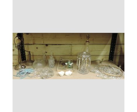 A 19th century cut glass table lustre, 21cm tall, together with three various lamps, a ceiling light and other glassware 