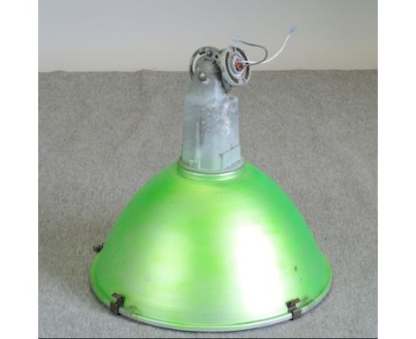 A green painted metal industrial light fitting, 60cm diameter