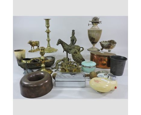 A collection of mainly 19th century metalwares, to include a horn beaker and 18th century brass candlesticks