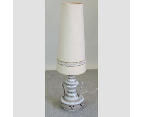 A 1970's pottery table lamp and shade, 135cm tall overall