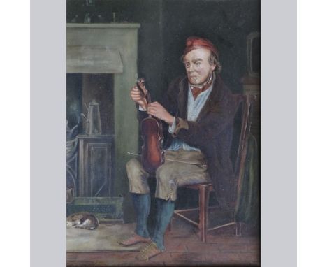 English School, 19th century, portrait of a man re-stringing a violin, oil on canvas, 42 x 31cm