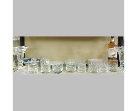 A bottle of Famous Grouse whisky, together with cut glass tumblers and four studio pottery bowls