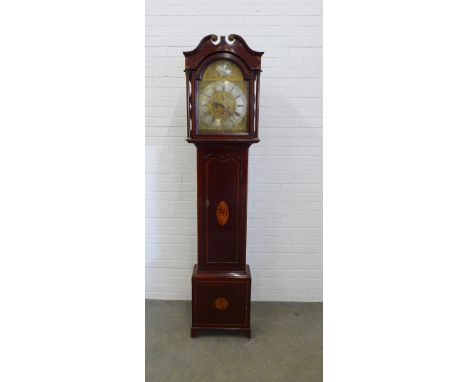 19th century mahogany and marquetry longcase clock, with broken swan neck hood over a brass dial with silvered chapter ring a