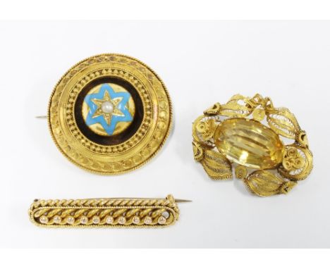 Victorian pearl and turquoise brooch with a star motif and etruscan style borders, with glazed panel verso, (a/f) together wi
