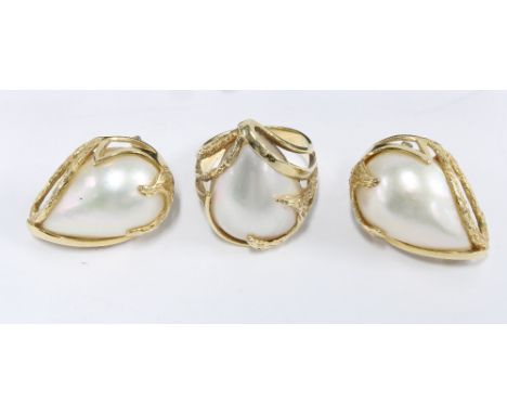 A pair of 14ct gold and pearl earrings, stamped 14k 585 together with a matching dress ring (3) 